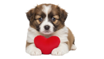  A cute fluffy puppy holding a red heart on a transparent background, PNG image