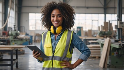 A confident female industrial worker smiling while holding a tablet in a factory. Portrait of a professional woman engineer in a safety vest at a manufacturing plant