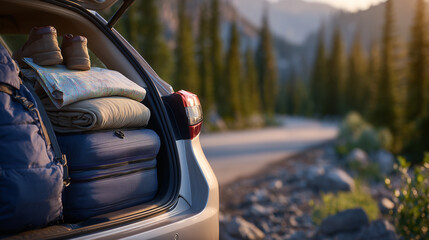 Packed car trunk overflowing with neatly arranged suitcases, backpacks, hiking gear, and a folded map, warm golden sunlight casting long shadows, roadside forest background hinting