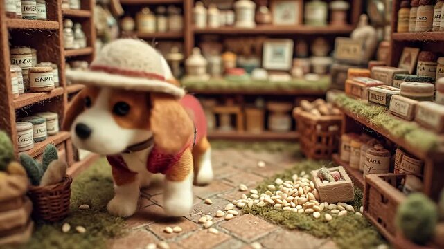 Adorable Knitted Dog Wearing a Hat Exploring a Miniature Store.