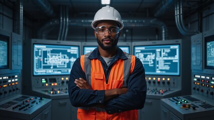 Confident black engineer in a hard hat standing in a modern factory control room. Professional industrial worker monitoring systems on computer screens with data schematics
