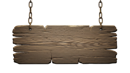  Weathered wooden sign hanging from rusty chains on a transparent background, PNG file