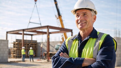 Confident mature construction worker smiling at a building site. Professional senior engineer in a hard hat and safety vest with a crane in the background