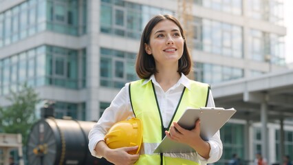Confident female engineer smiling at a construction site. Professional architect in a safety vest holding a hard hat. Women in industry and leadership concept