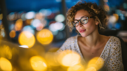 Fototapeta premium Creative workspace scene with young woman concentrating at her desk, vibrant Christmas tree lights reflecting gently on nearby surfaces, serene mood capturing quiet holiday-season