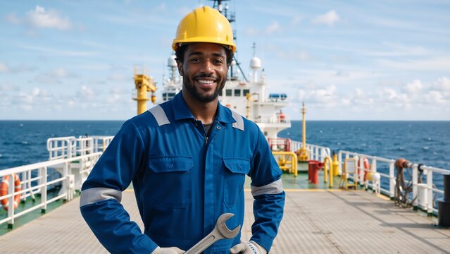 Smiling african american marine engineer on a ship's deck. Professional maritime worker in a hard hat and uniform holding a wrench at sea