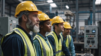 A diverse team of factory workers in hard hats and safety vests. Group of industrial professionals in a manufacturing plant