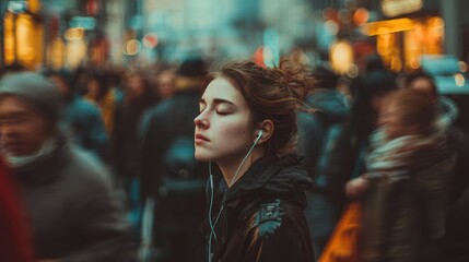 Focused Listening: Female Blocking Out Crowd with Earphones