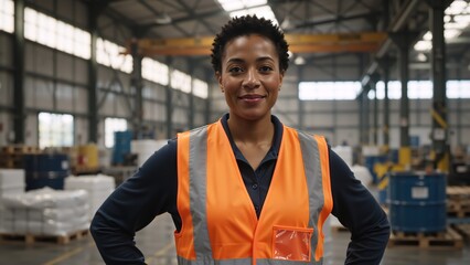 Confident female factory worker smiling at the camera. Professional African American woman in a safety vest standing in a large industrial warehouse