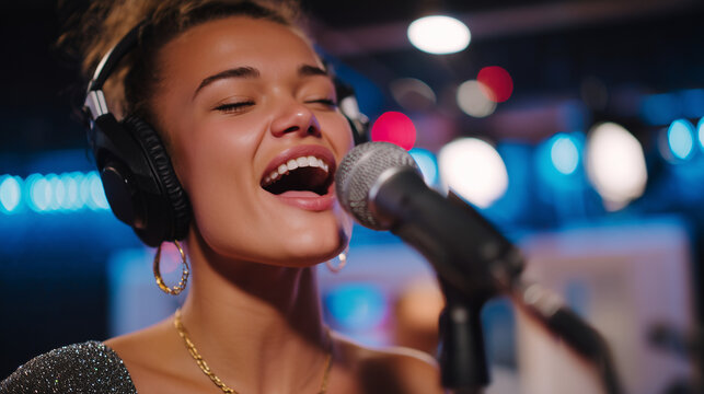 Close-up of female vocalist singing into a microphone, studio-style headphones framing her face, colorful stage lights reflecting off metallic surfaces, immersive karaoke atmospher - Powered by Adobe