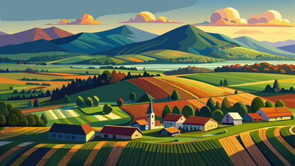 Very beautiful aerial view of Stowe’s open farmlands stretching toward Mount Mansfield, glowing under soft summer light. Rolling fields, distant peaks, and peaceful rural textures shape this charming 