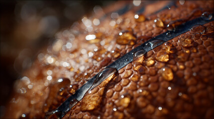 Extreme close-up of wet basketball skin, water droplets magnifying the textured pebble pattern, warm directional light creating high-contrast highlights and shadows, hyper-detailed