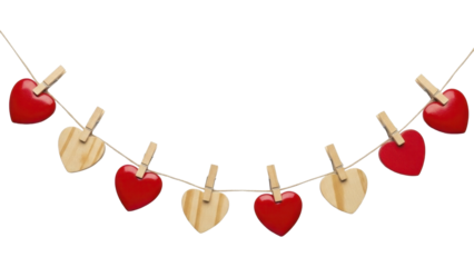 Red and Wooden Hearts Garland Hanging with Clothespins on a Transparent Background, PNG Image, PNG File