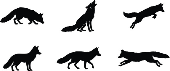 Set of black silhouettes of a fox in various poses including standing, howling, running, and jumping on a white background