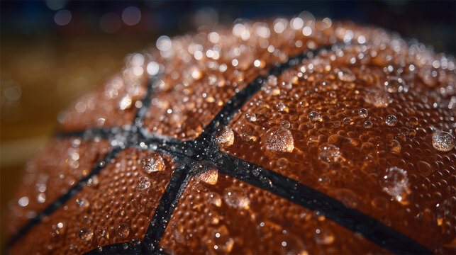 Macro shot of basketball covered in tiny water beads, droplets forming reflective micro-lenses over the bumpy texture, rich orange hues and deep grooves enhanced by moody side ligh
