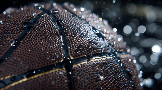 Close-up view of basketball hexagonal and pebble patterns under a layer of fresh water droplets, reflective highlights shimmering, creating a striking contrast of matte and glossy