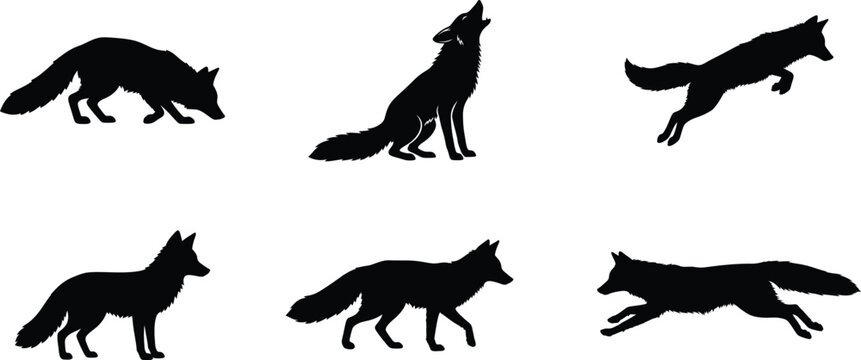 Set of black silhouettes of a fox in various poses including standing, howling, running, and jumping on a white background