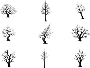Collection of various bare tree silhouettes featuring intricate branches and roots on a white background