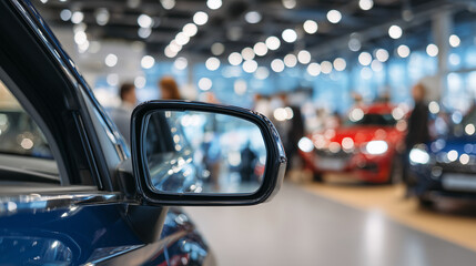 Close-up shot of car side mirror glistening under bright showroom lighting, bustling dealership scene behind with customers inspecting cars, vivid reflections hinting at the high-e