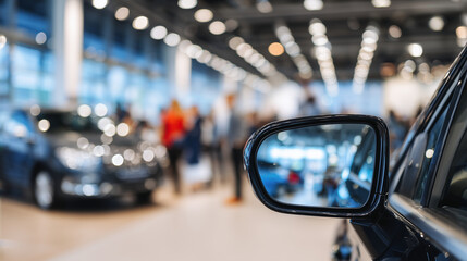 Close-up shot of car side mirror glistening under bright showroom lighting, bustling dealership scene behind with customers inspecting cars, vivid reflections hinting at the high-e