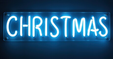 Bright blue neon sign spells Christmas. Dark background emphasizes glowing lettering, festive holiday illumination.