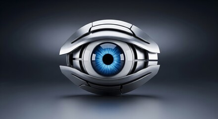 Futuristic metallic cybernetic eye with blue iris on a dark background, representing surveillance and technology concepts.