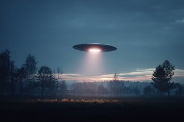 Sci-Fi Scene: Flying Saucer Eerie Glow on Landscape