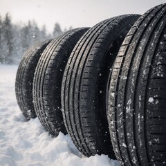 Obraz premium Snowy scene featuring 3D-rendered winter tires standing in a line