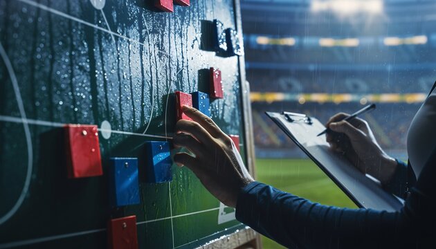 A coach's hands strategizing on a tactical board with red and blue pieces, while taking notes on a clipboard, against a blurred stadium background.