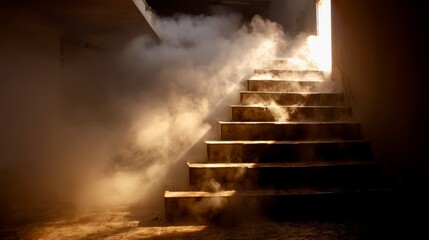 Light streams through a doorway illuminating the foggy staircase in an abandoned building creating a dramatic atmosphere