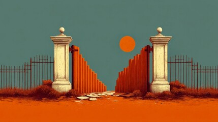 Art illustration of gates leading to an orange landscape with a setting sun and a blue sky in the background showcasing a surreal scenery