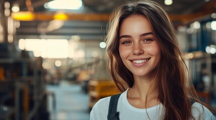 Young woman smiling in an industrial setting with machinery and shelves in the background demonstrating confidence and happiness at work