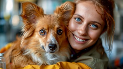 Vet clinic visit where a young woman holds her small dog after receiving a vaccine and both smile for the camera, showcasing a caring moment in pet healthcare