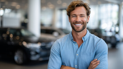 Obraz premium Man with a cheerful expression leaning into a car at the dealership, wearing a neat shirt, exploring interior quality, vibrant showroom ambiance with polished floors and shining ve