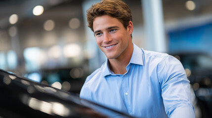 Happy male buyer in a clean shirt closely inspecting the driverâs seat area, dealership lights casting elegant reflections, other vehicles and promotional displays visible in the b