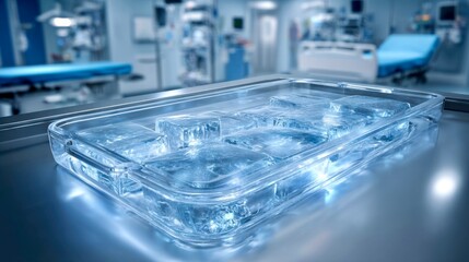Clear ice tray filled with ice cubes placed in a sterile hospital setting among medical equipment and blue surgical tables