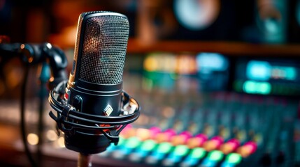 Studio microphone captures sound in a recording booth with colorful soundboard and equipment in background showing production setup