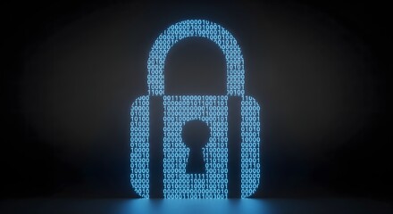 Glowing binary code forms a digital padlock symbol, representing cyber security, encryption, and data protection on a dark background.