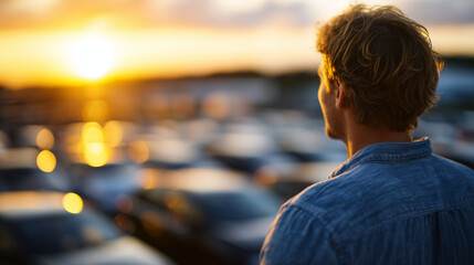Back view of couple in casual clothes inspecting a used station wagon, rows of cars forming leading lines, bold reflections in side panels, soft shadows adding contrast, atmosphere