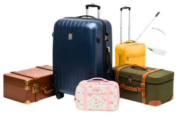 Collection of various travel suitcases and luggage isolated on transparent background
