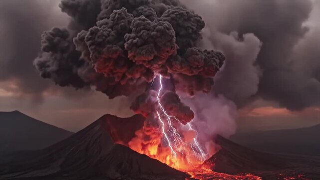 Dramatic Volcano Eruption Under Stormy Skies With Lightning Strikes Showing Fiery Lava Flow And Dark Ash Cloud Over Mountainous Landscape At Dusk