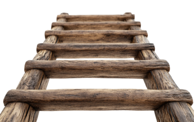 Close up detailed view of a wooden construction ladder showcasing sturdy rungs and durable frame for building tasks