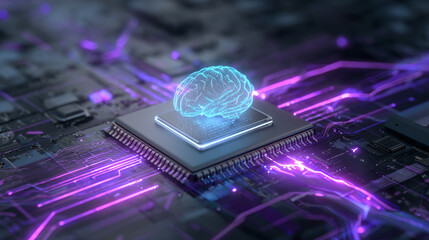A conceptual image of a glowing brain-shaped object atop a computer processor, highlighting artificial intelligence and technological advancement.