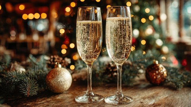 Festive Champagne Glasses with Christmas Decorations and Warm Holiday Lights - Powered by Adobe