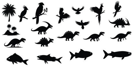 Silhouettes of prehistoric creatures including dinosaurs birds and fish on white background