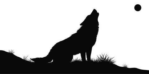 Silhouette of a howling wolf against a bright full moon in a night landscape © Tajamul