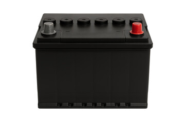Black automotive car battery with red and silver terminals isolated on white background for power and energy themes