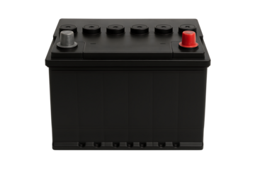 Black automotive car battery with red and silver terminals isolated on white background for power and energy themes