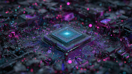 A futuristic close-up of a circuit board illuminated by vibrant, multicolored lights, highlighting the intricacies of technology
