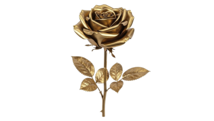  Golden Rose Bloom with Metallic Leaves and Stem PNG Image on a Transparent Background